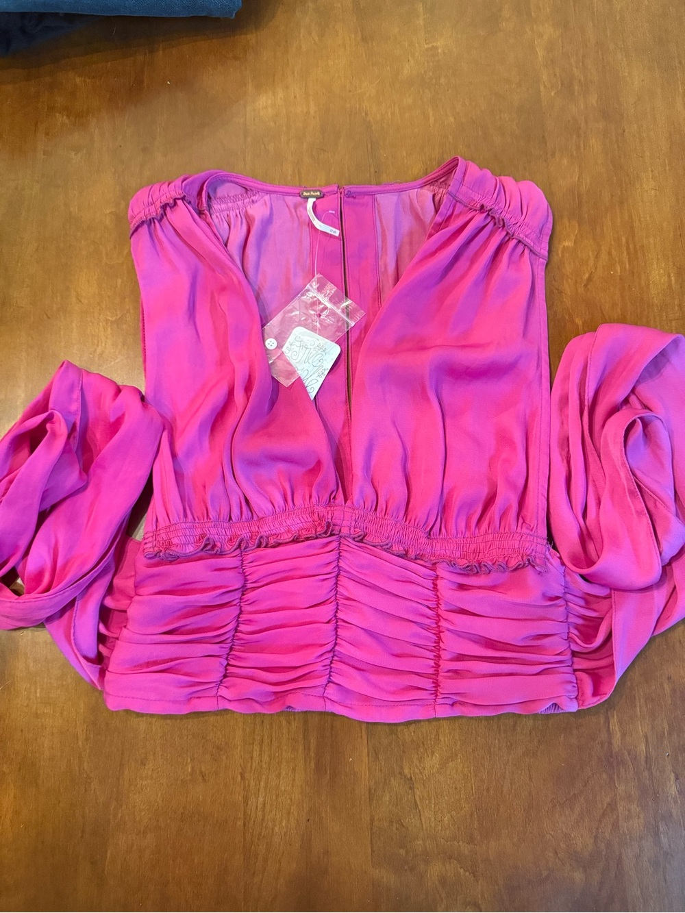 Free People Hot Pink Ruched V-Neck Blouse